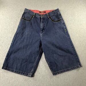 Brooklyn Express Mens Baggy Denim Shorts Blue Y2K Embroidered Wide Leg Size 38
